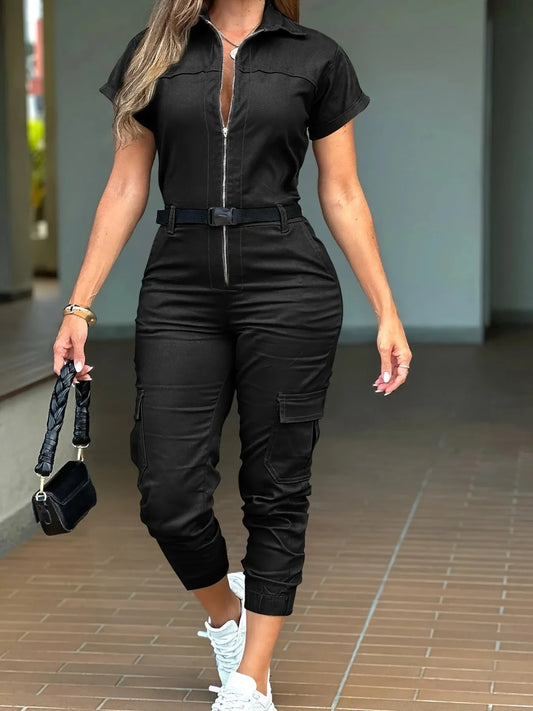 Zip Front Short Sleeve Jumpsuit - Tigbul's Variety Fashion Shop
