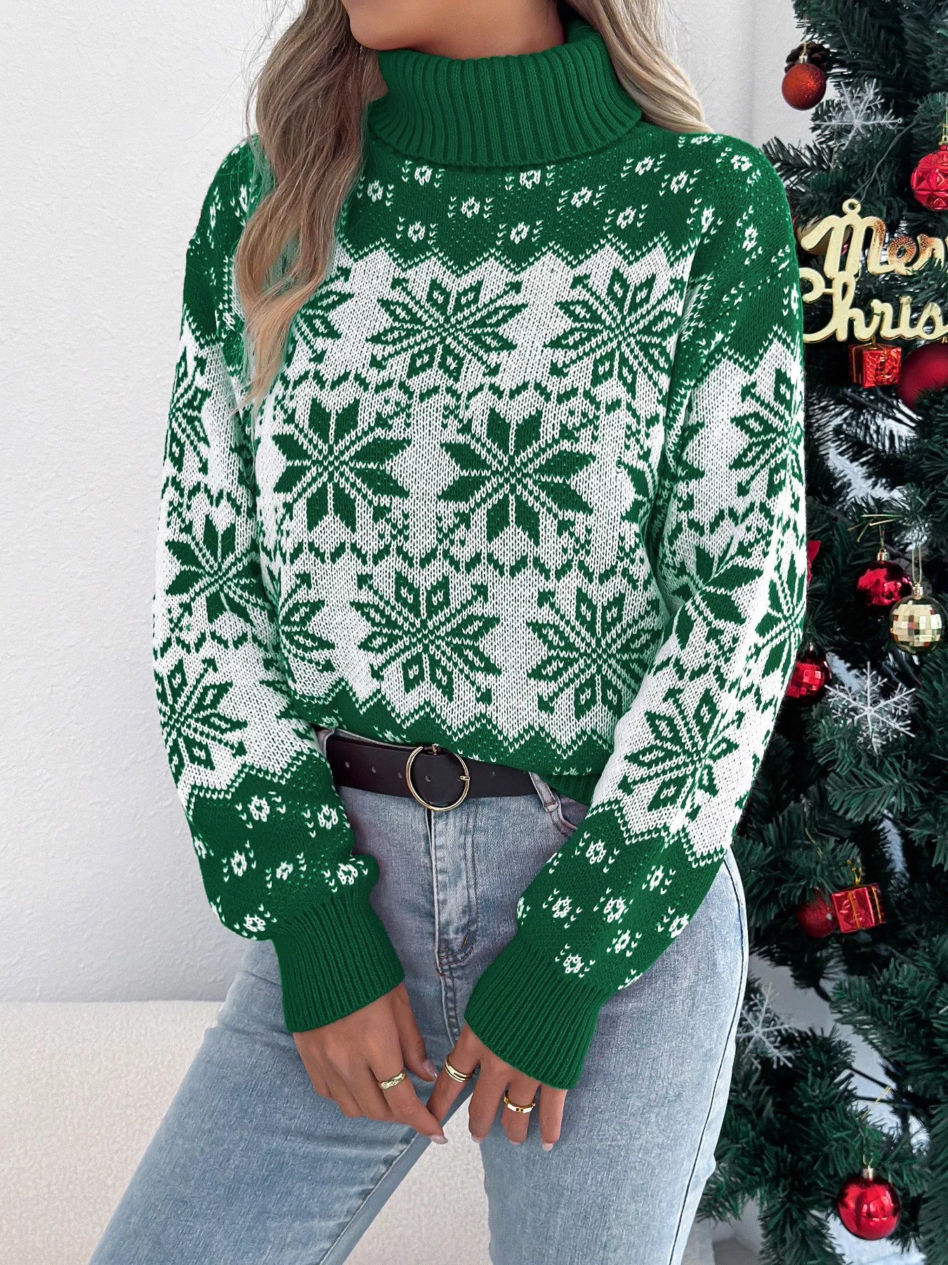 Christmas Snowflake Turtleneck Long Sleeve Sweater - Tigbul's Variety Fashion Shop