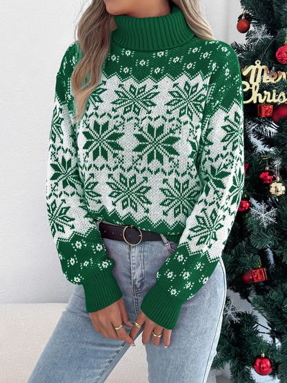 Christmas Snowflake Turtleneck Long Sleeve Sweater - Tigbul's Variety Fashion Shop