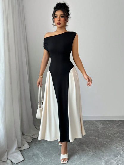 Contrast Single Shoulder Midi Dress - Tigbul's Variety Fashion Shop