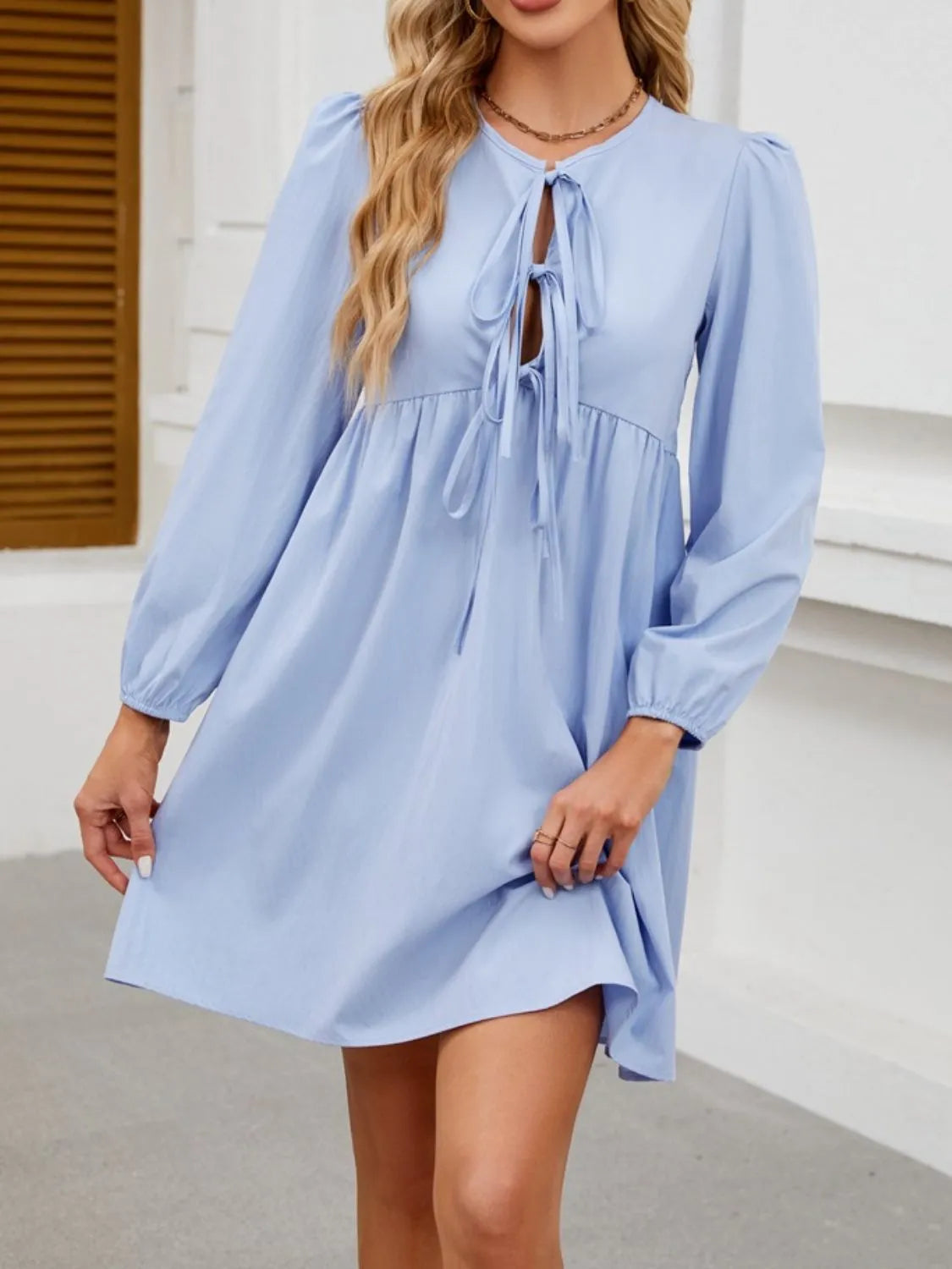 Tie Front Long Sleeve Mini Dress - Tigbul's Variety Fashion Shop