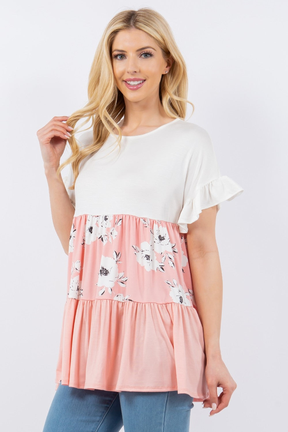 Celeste Full Size Floral Color Block Ruffled Short Sleeve Top - Tigbuls Variety Fashion