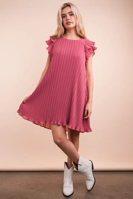 Mauve Plus Size Ruffle Sleeve Pleated Woven Mini Dress - Tigbul's Variety Fashion Shop
