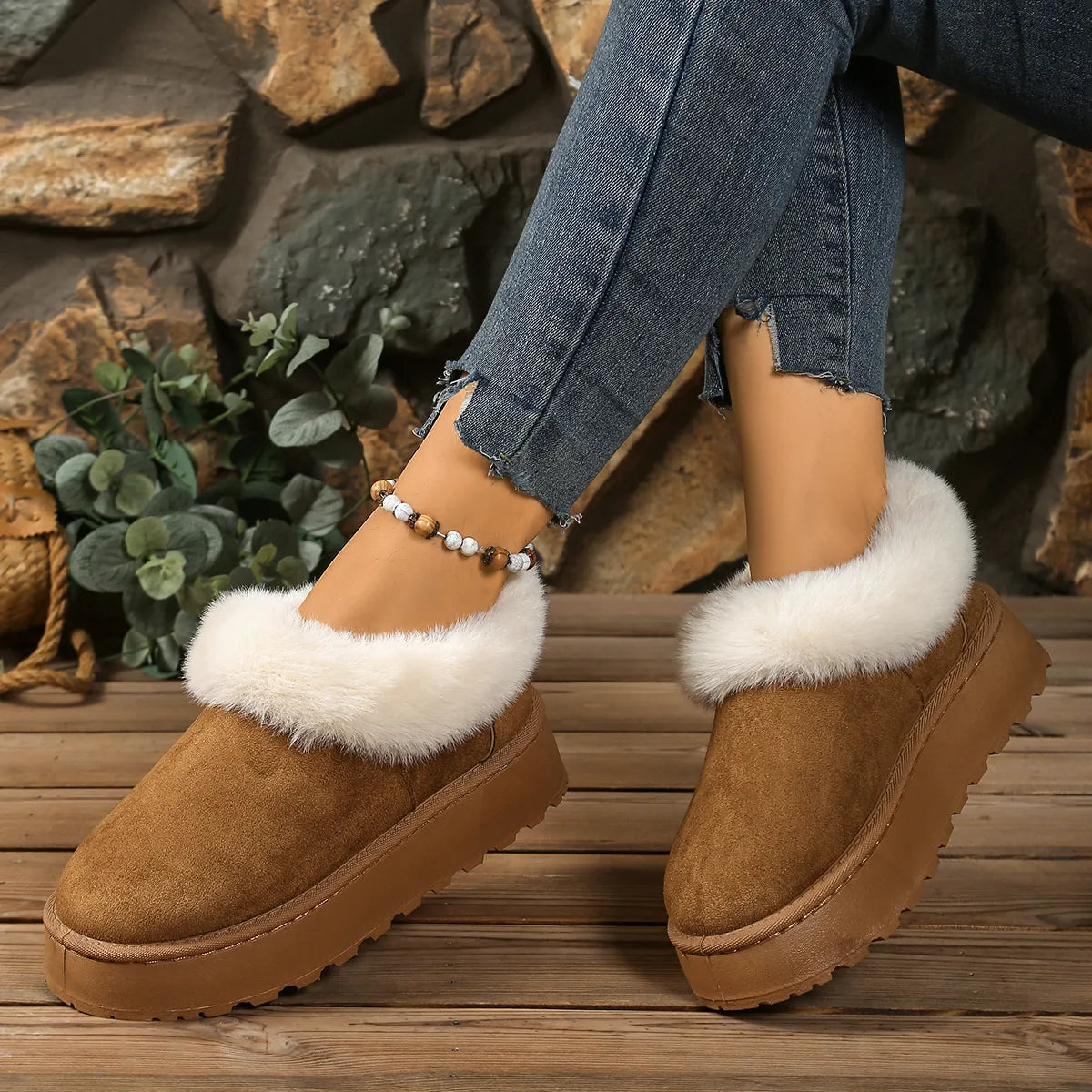 Fuzzy Trim Round Toe Platform Boots - Tigbul's Variety Fashion Shop