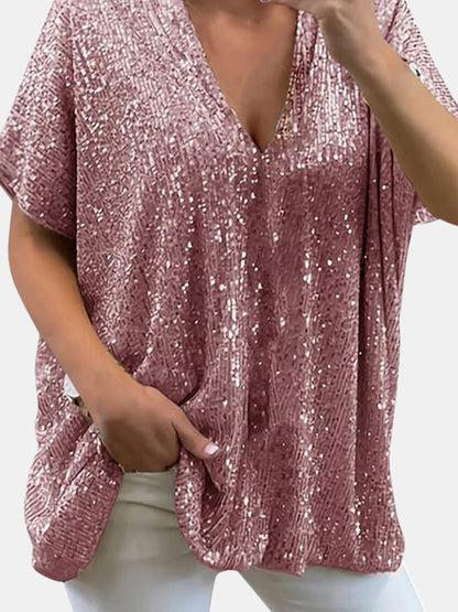 Sequin V-Neck Short Sleeve Top Blouse, Small to 3XL - Tigbul's Variety Fashion Shop