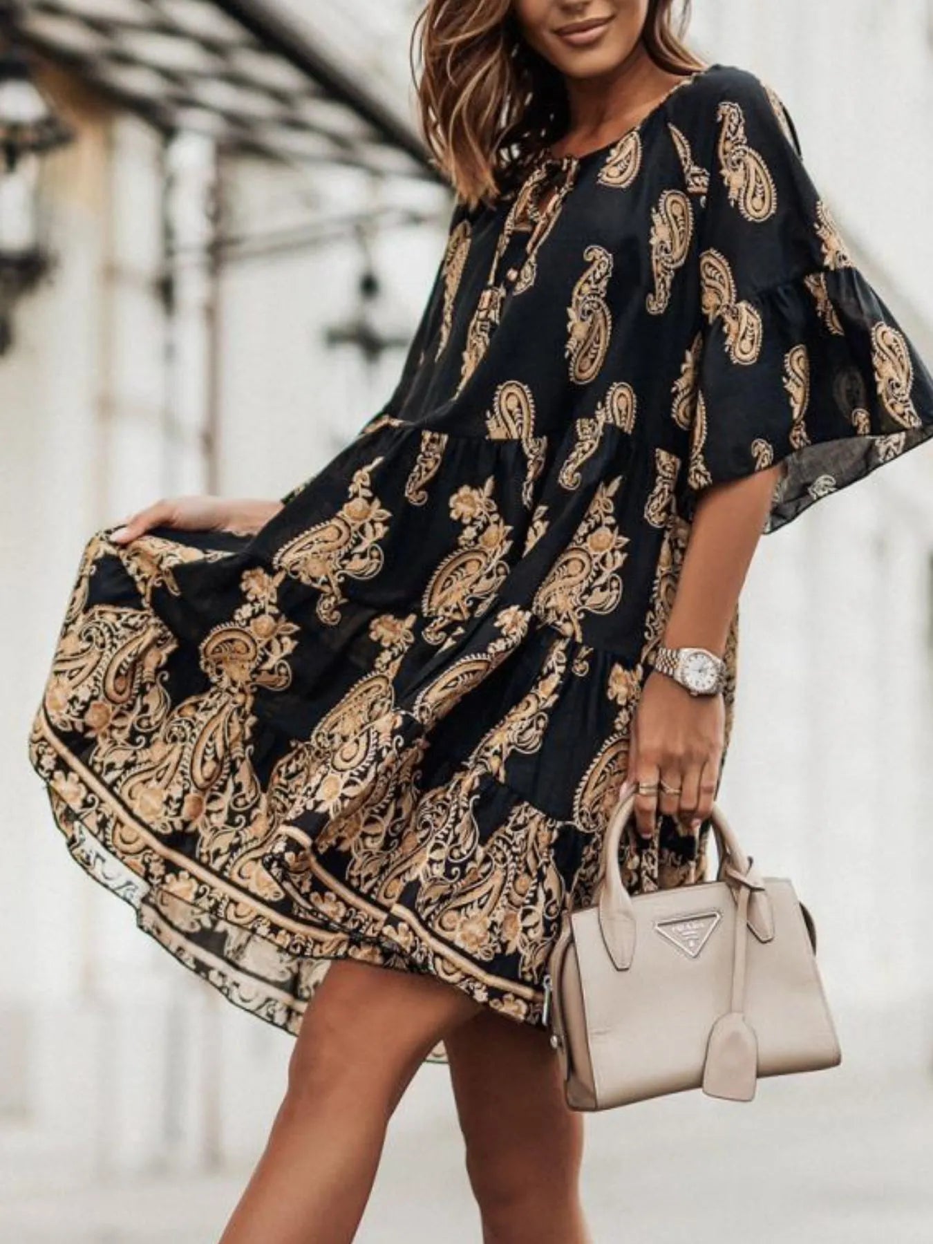 Paisley Print Tie Neck Half Sleeve Mini Dress - Tigbul's Variety Fashion Shop