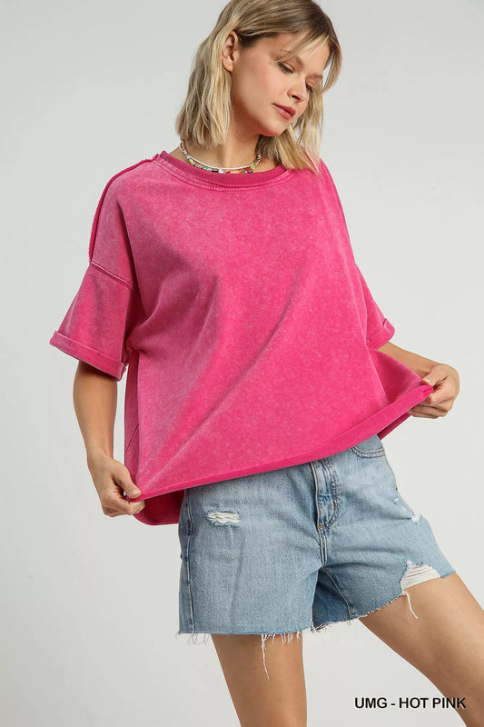 Umgee Mineral Wash Round Neck Top - Tigbul's Variety Fashion Shop