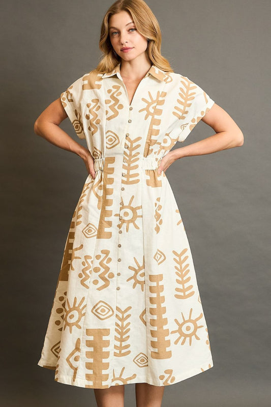 Umgee Full Size Abstract Print Elastic Waist Midi Dress Plus Size - Tigbul's Variety Fashion Shop