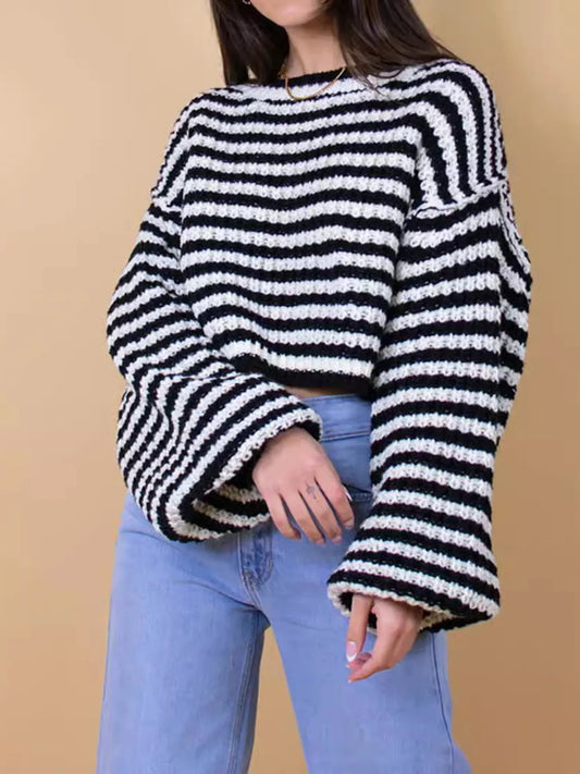 Oversized Striped Drop Shoulder Sweater - Tigbul's Variety Fashion Shop