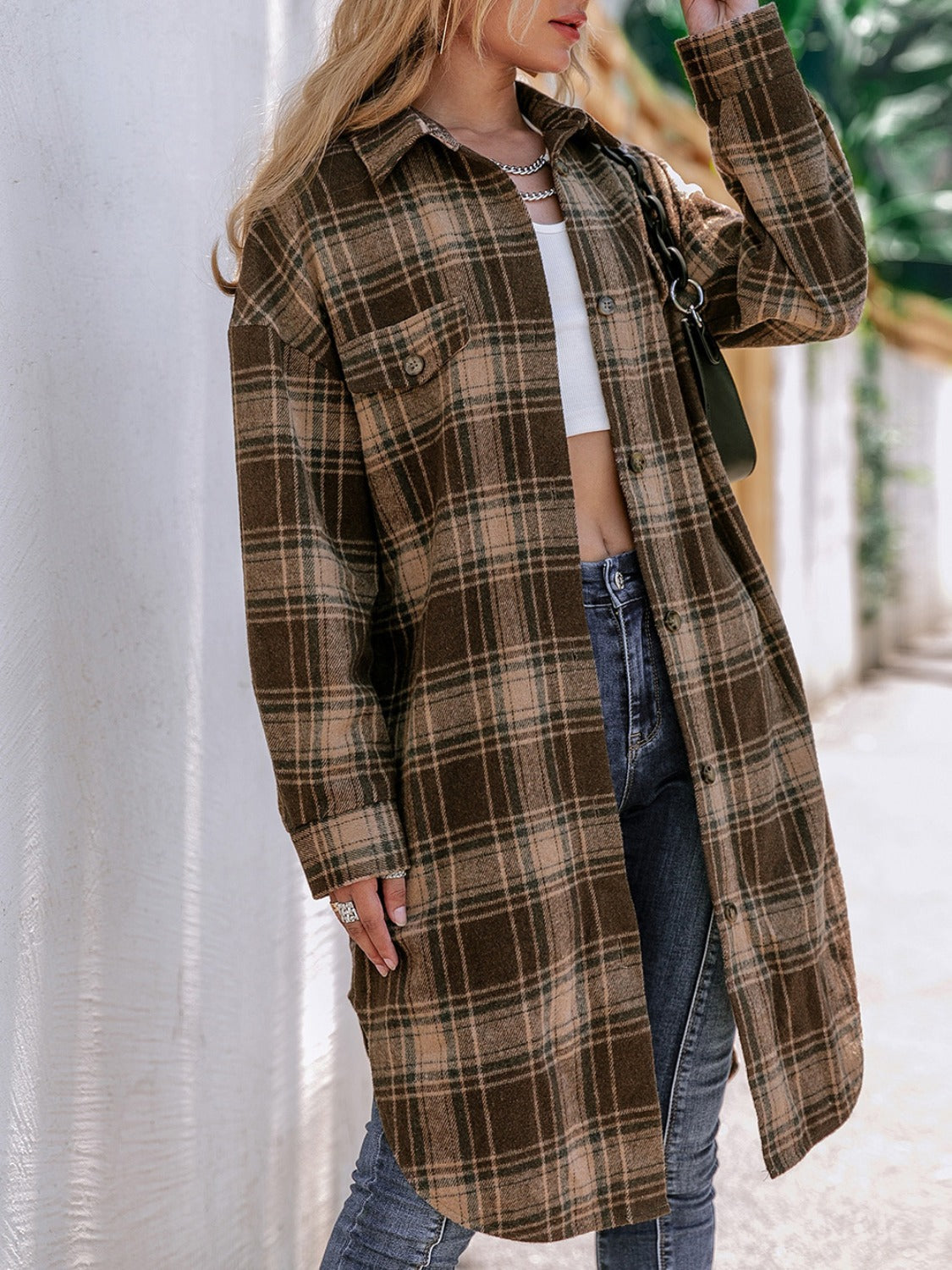 Plaid Button Up Long Sleeve Shacket - Tigbul's Variety Fashion Shop