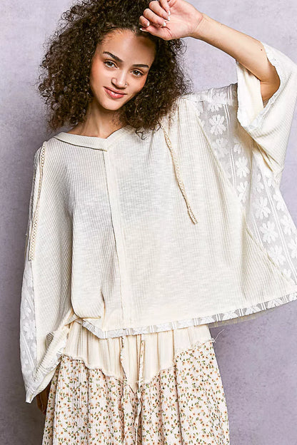POL Short Sleeve Hoodie Top with Lace Detail - Tigbul's Variety Fashion Shop