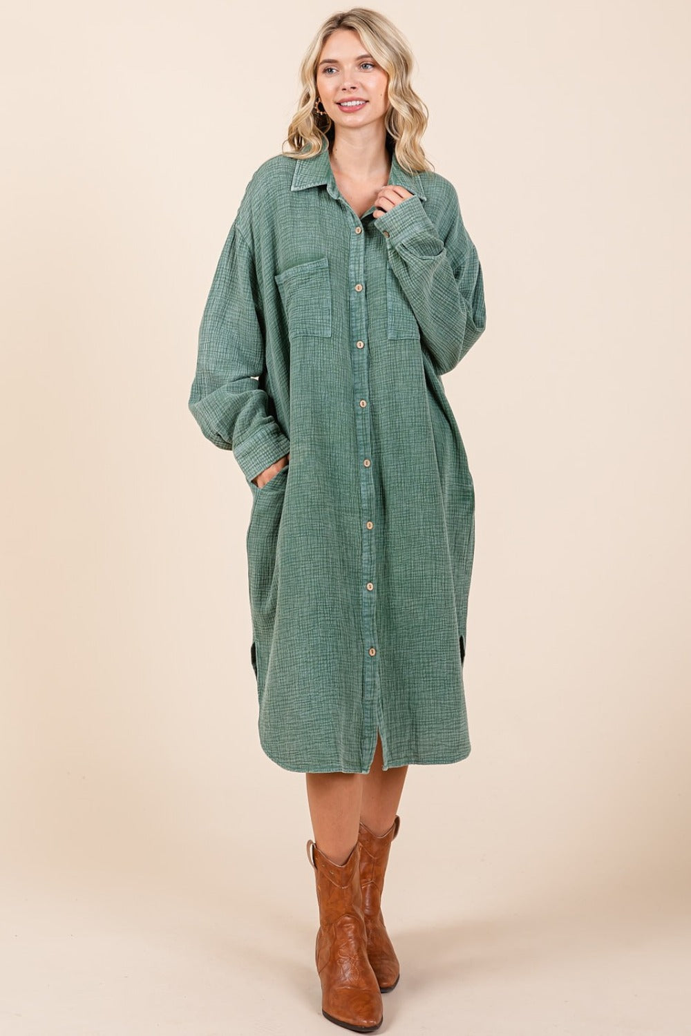 Green Mineral Wash Cotton Gauze Midi Shirt Dress - Tigbul's Variety Fashion Shop