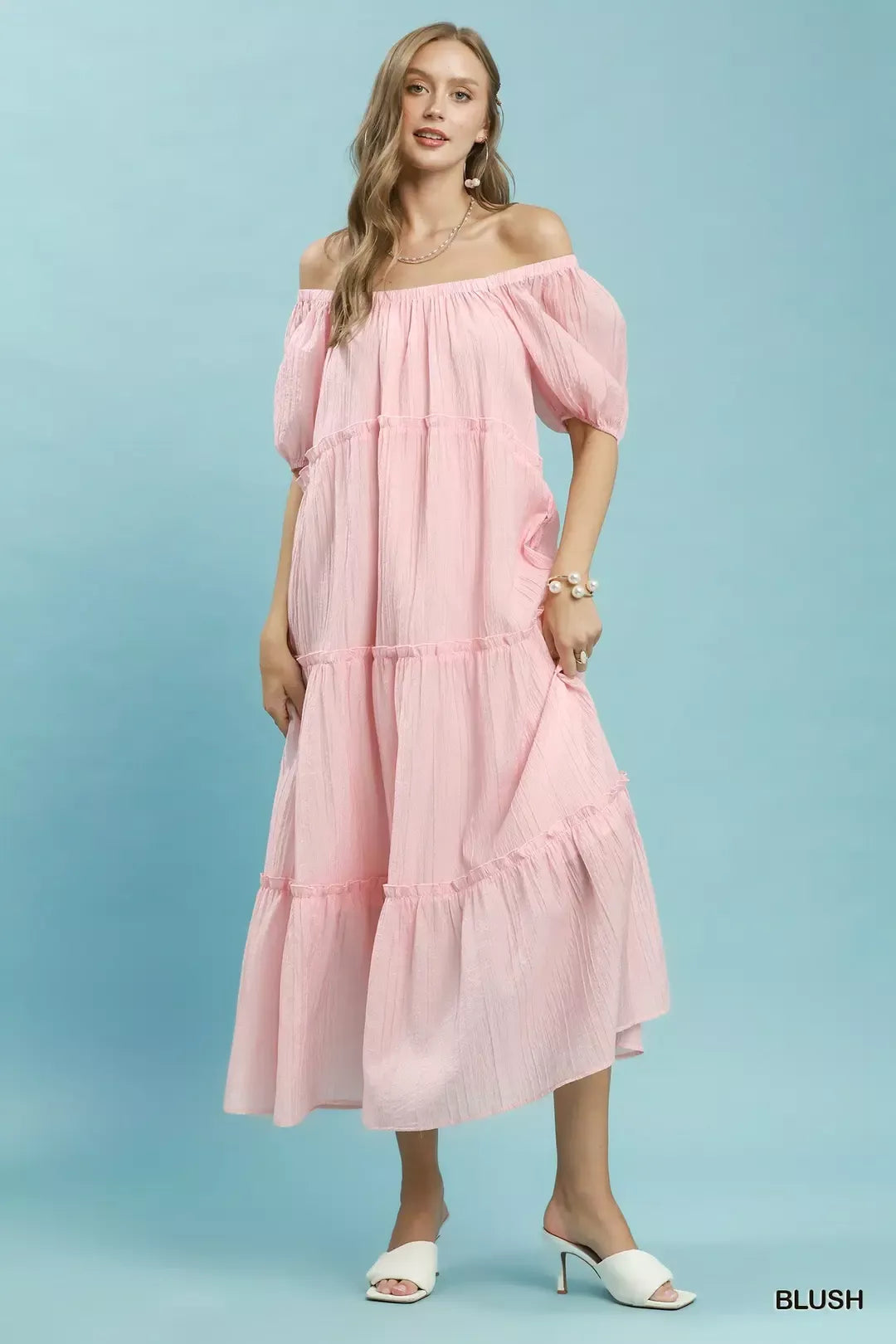 Umgee blush off-shoulder tiered midi dress with loose puff sleeves and tiers