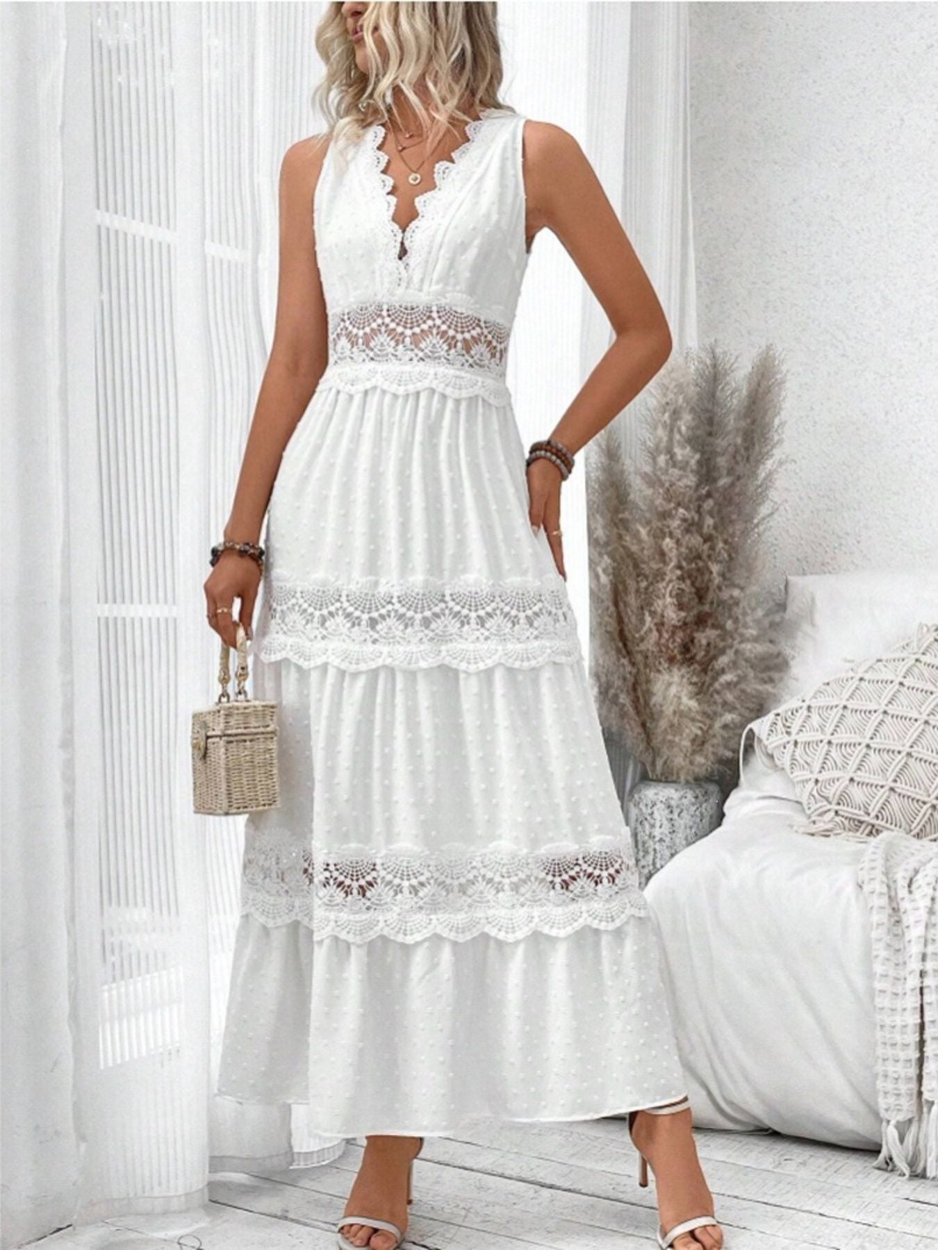 White lace-trim sleeveless Swiss-dot maxi dress with tiered ruffles