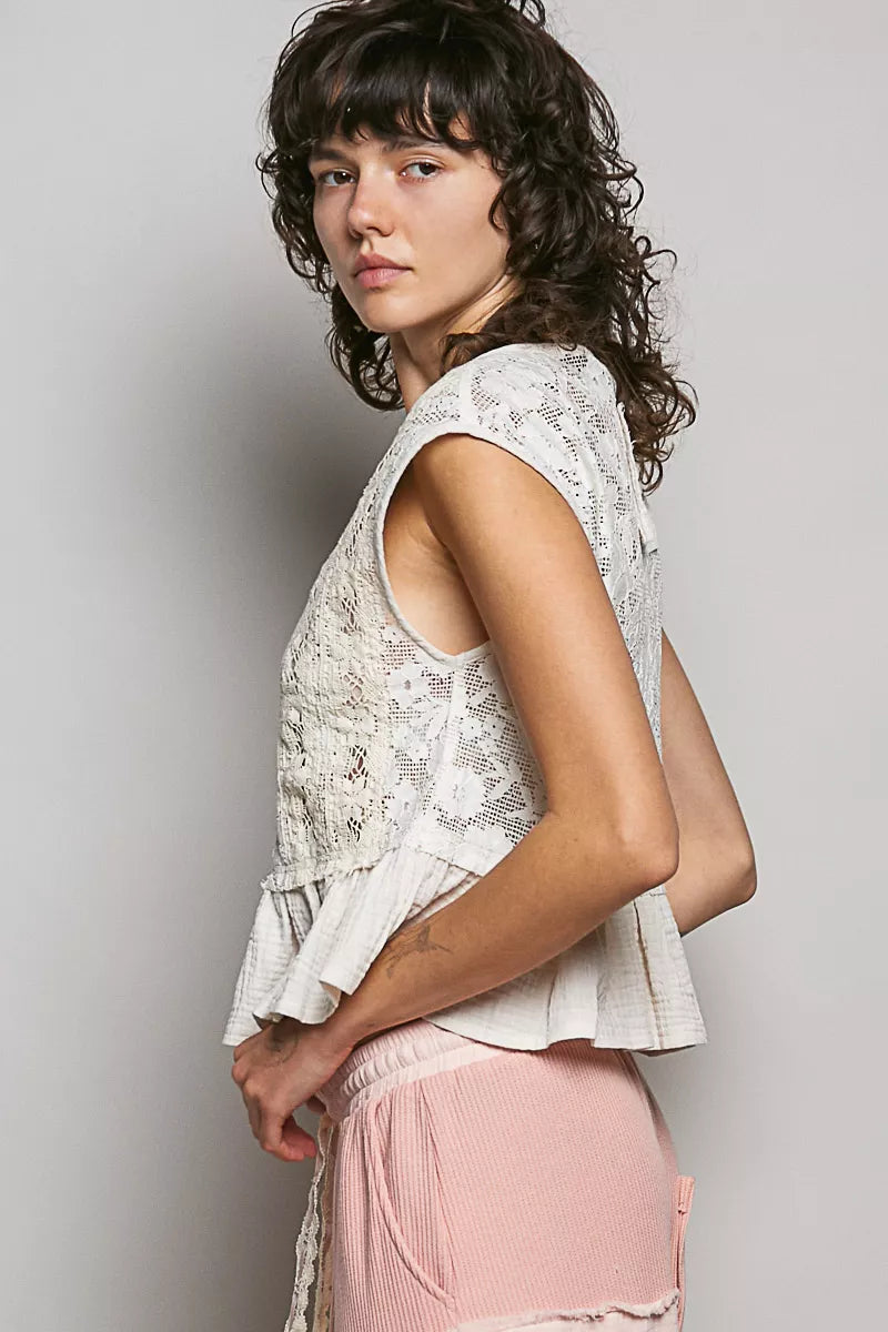 POL Round Neck Lace Sleeveless Top with Double Gauze Ruffle | Tigbuls
