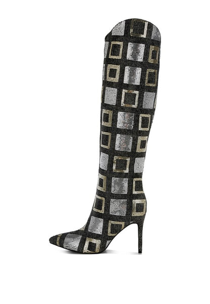 Sharmin Checkered Sequin Knee High Boots - Tigbul's Variety Fashion Shop