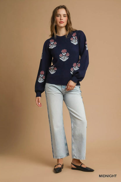 Umgee Floral Knit Sweater with Puff Sleeves - Tigbul's Variety Fashion Shop