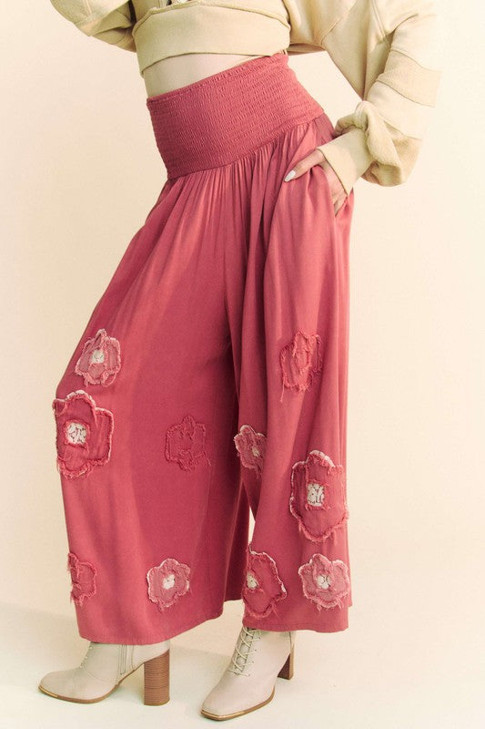 Red Smocked Waist Flower Patch Wide Leg Pants - Tigbul's Variety Fashion Shop