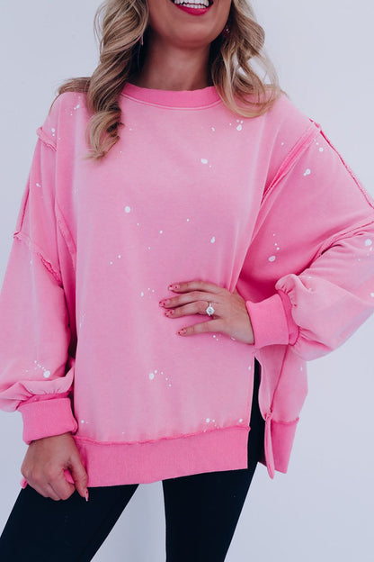 Exposed Seam Splatter Print Round Neck Sweatshirt - Tigbul's Variety Fashion Shop