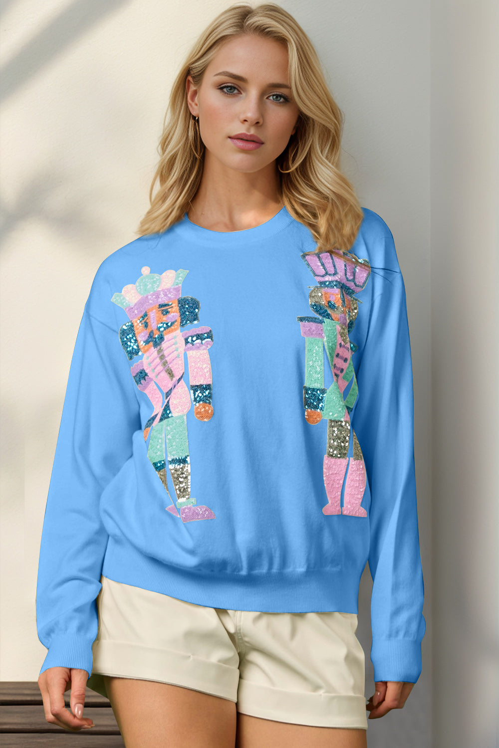 Double Take Full Size Sequin Nutcracker Long Sleeve Sweater - Tigbul's Variety Fashion Shop