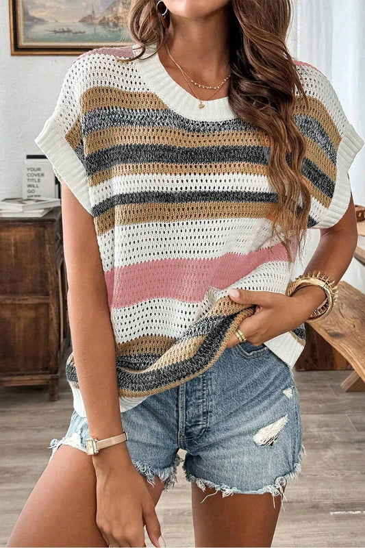 Stripe Color Block Eyelet Knit Short Sleeve Knit Top - Tigbul's Variety Fashion Shop