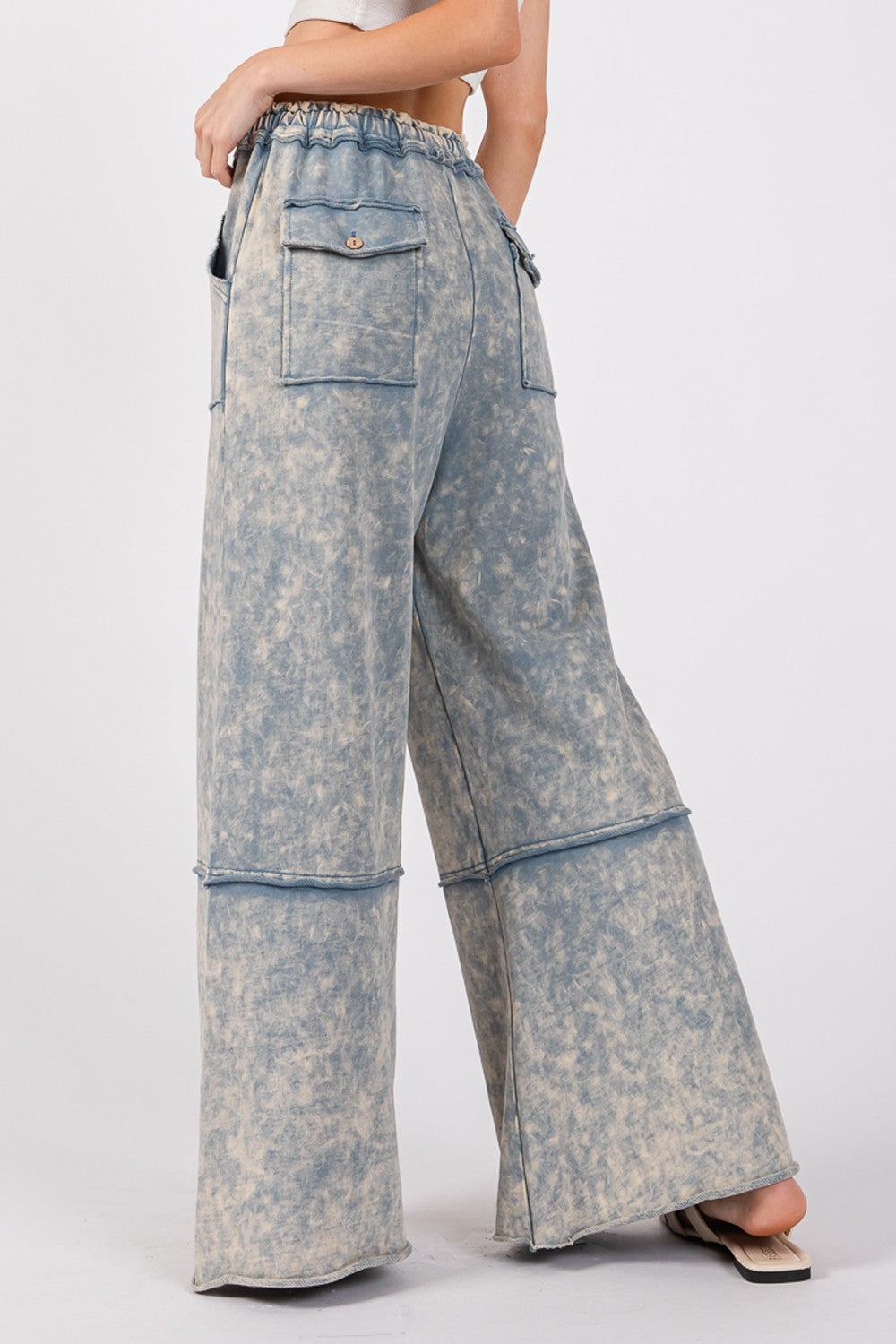 Blue Mineral Washed Terry Wide Leg Pants - Tigbul's Variety Fashion Shop