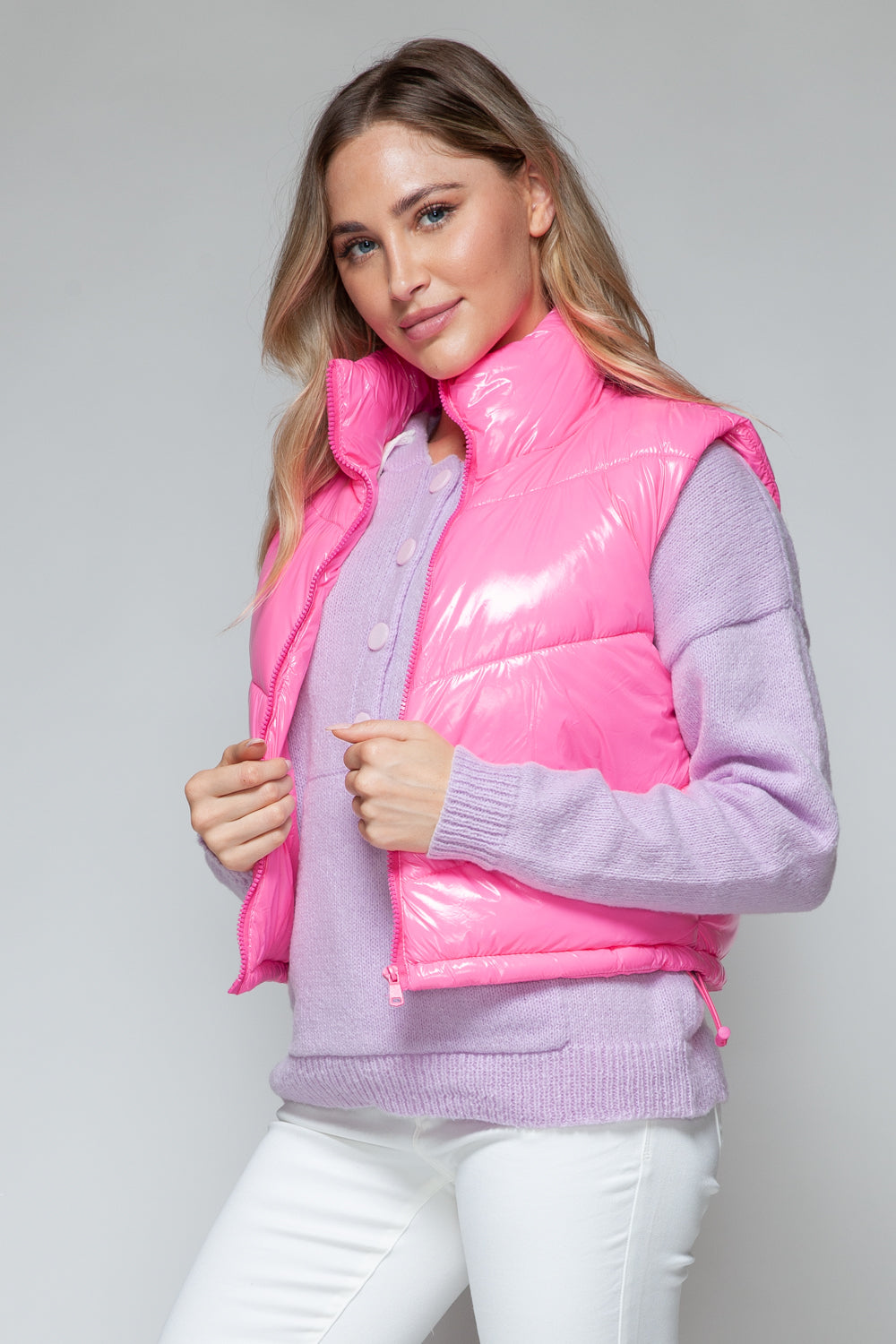 Hot Pink Zip Up Turtleneck Shiny Quilted Vest - Tigbul's Variety Fashion Shop