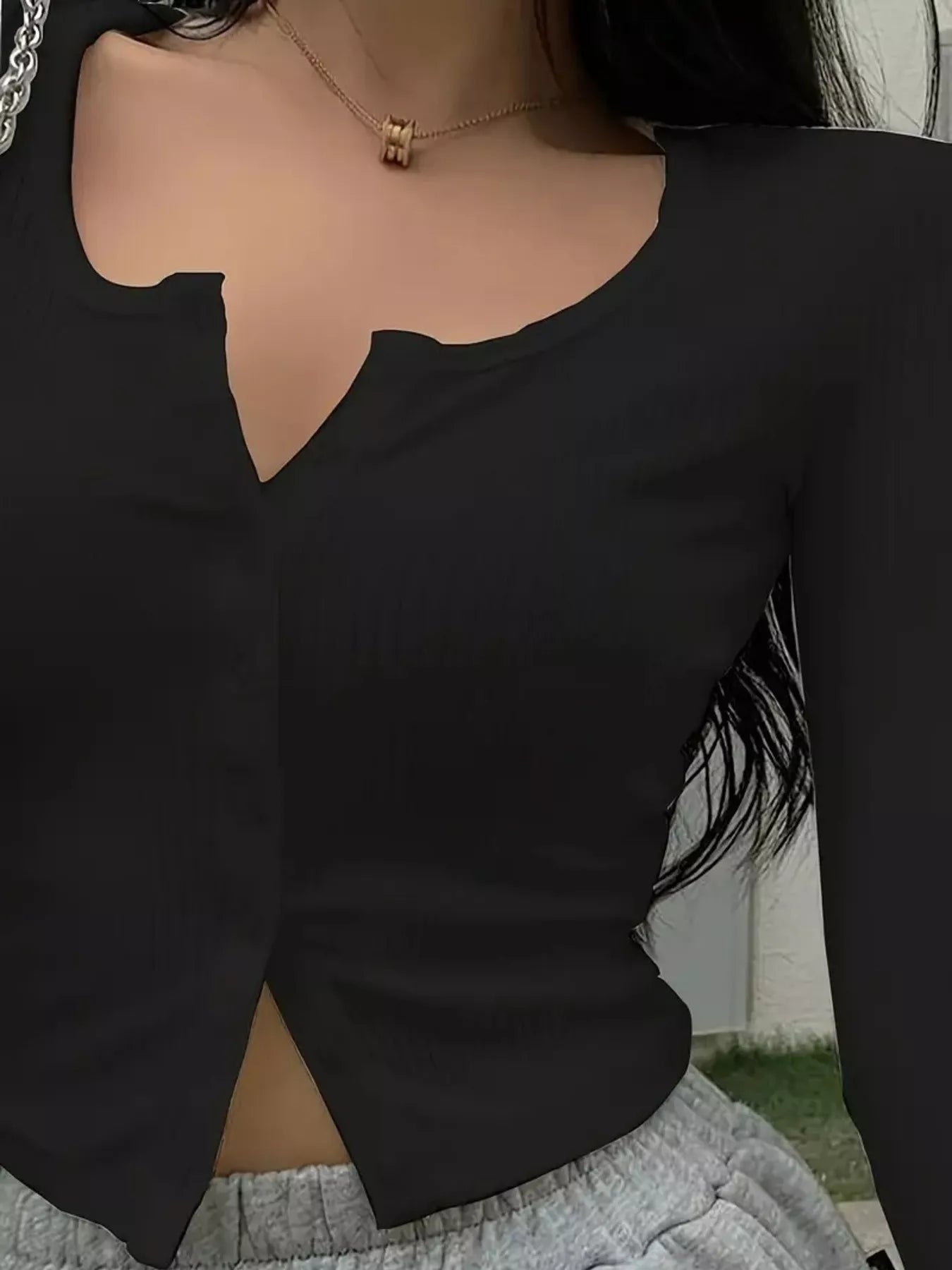 Ribbed Button-Down Long Sleeve T-Shirt - Tigbul's Variety Fashion Shop