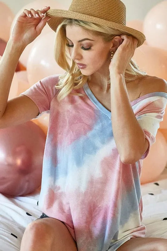 Tie Dye French Terry V Neck Top - Tigbul's Variety Fashion Shop