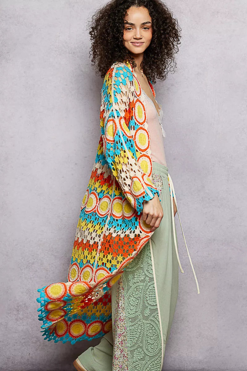 POL Scalloped Edge Open Front Crochet Cardigan with Colorful Stripe Pattern - Tigbul's Variety Fashion Shop