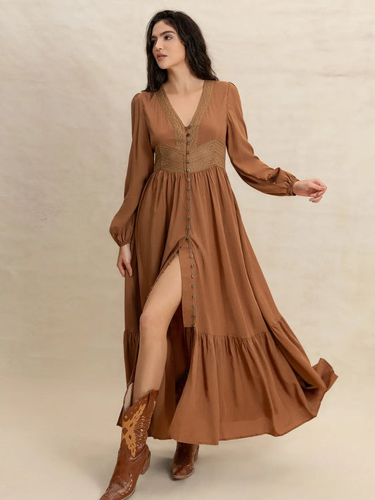 Brown Ruffled Hem V-Neck Balloon Sleeve Maxi Dress - Tigbul's Variety Fashion Shop