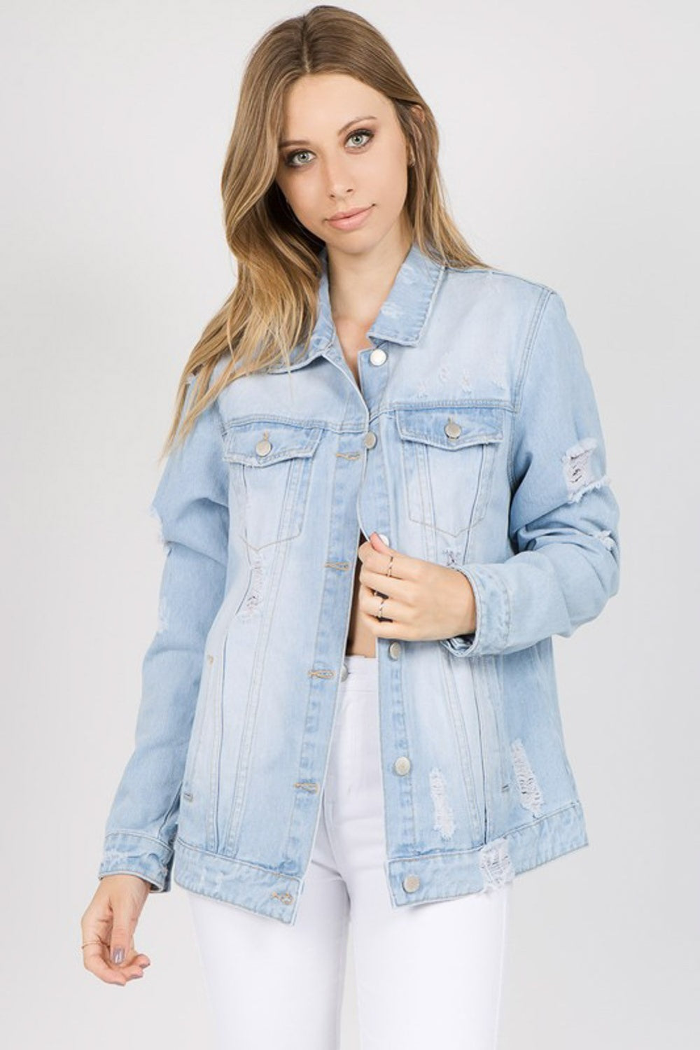 American Bazi Letter Patched Distressed Denim Jacket - Tigbuls Variety Fashion