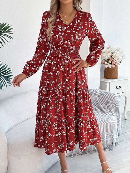 Floral Print Long Sleeve V-Neck Midi Dress - Tigbul's Variety Fashion Shop