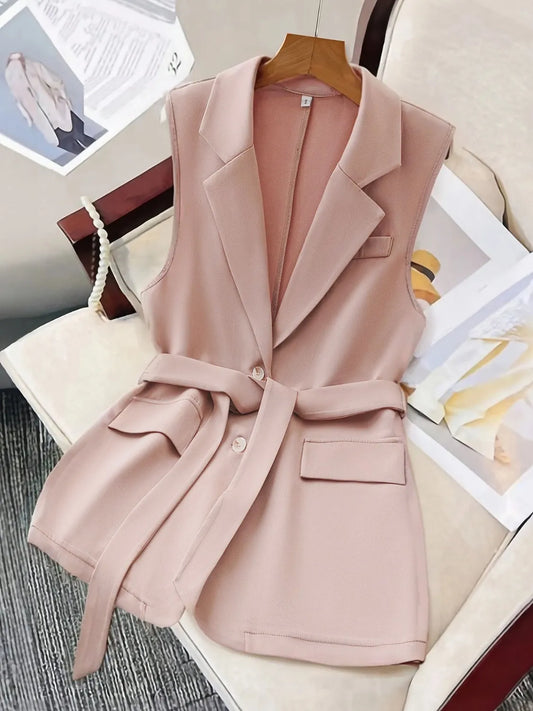 Tie Waist Lapel Collar Sleeveless Blazer - Tigbul's Variety Fashion Shop