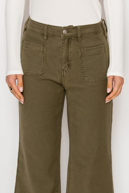 High Rise Crop Palazzo Olive Green PFD Jeans Women's - Tigbul's Variety Fashion Shop