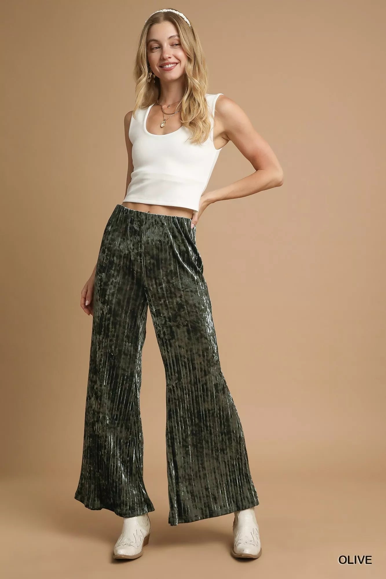 Umgee Velvet Pleated Wide Leg Pants - Tigbul's Variety Fashion Shop