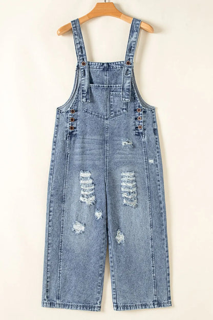 Distressed Bib Pocket Wide Leg Denim Overalls - Tigbul's Variety Fashion Shop