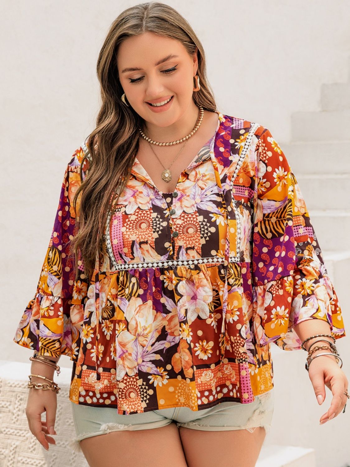 Plus Size Printed Tie Neck Blouse - Tigbul's Variety Fashion Shop