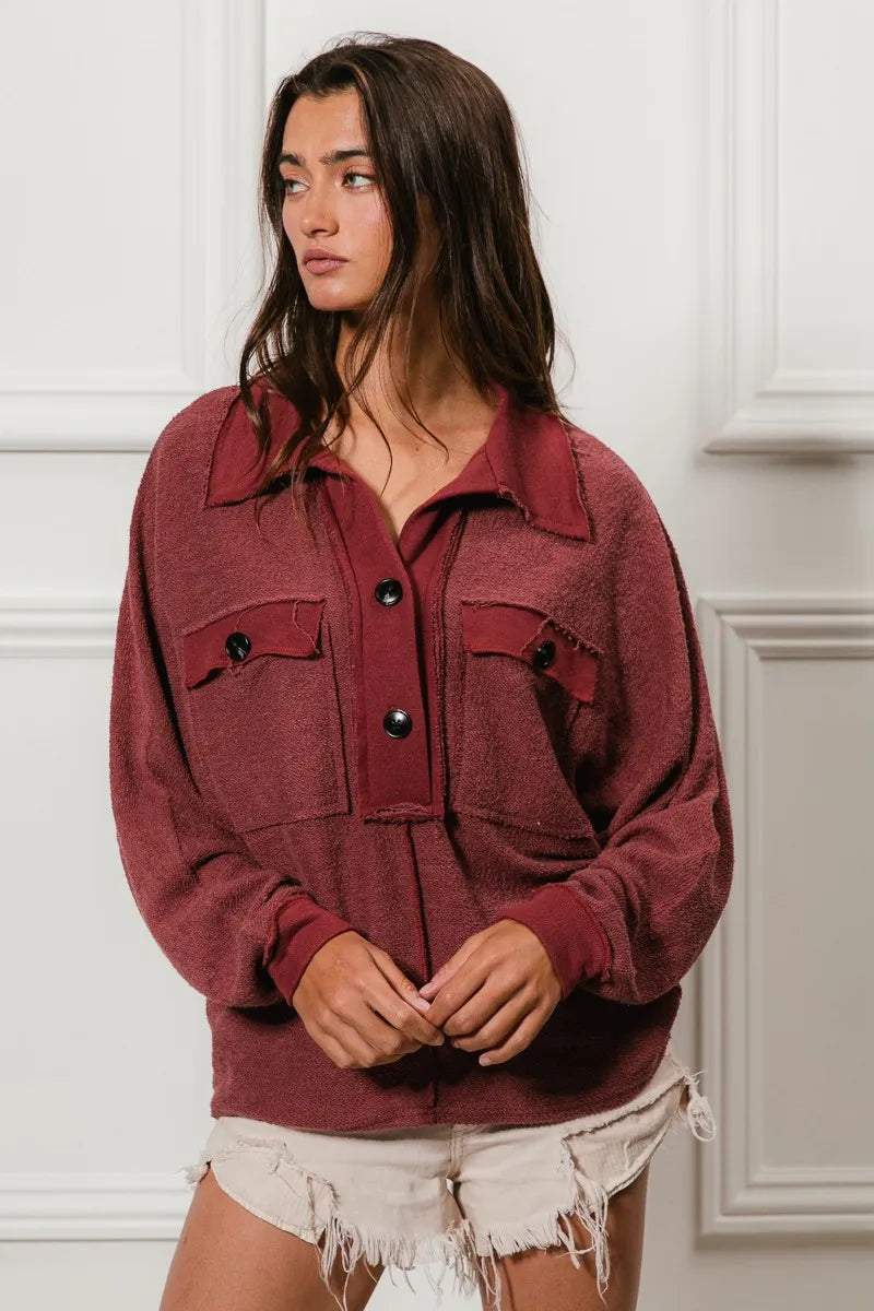BiBi Cp French Terry Cut Edge Detail Collared Top - Tigbul's Variety Fashion Shop