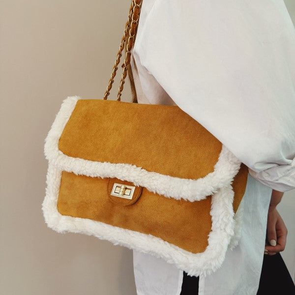 Luxe Deluxe Fluffy Trim Chain Shoulder Bag - Tigbul's Variety Fashion Shop