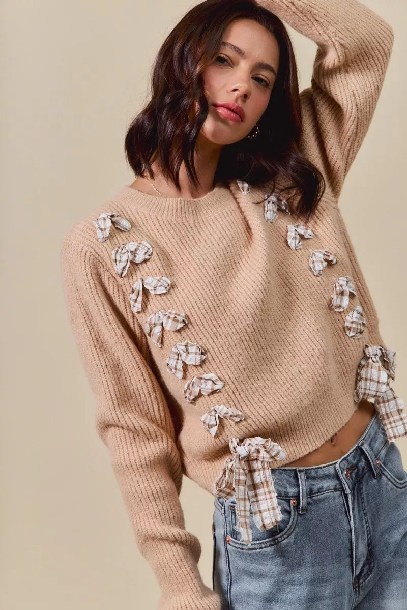 SO ME Checkered Plaid Tape Lace Up Ribbed Sweater - Tigbul's Variety Fashion Shop