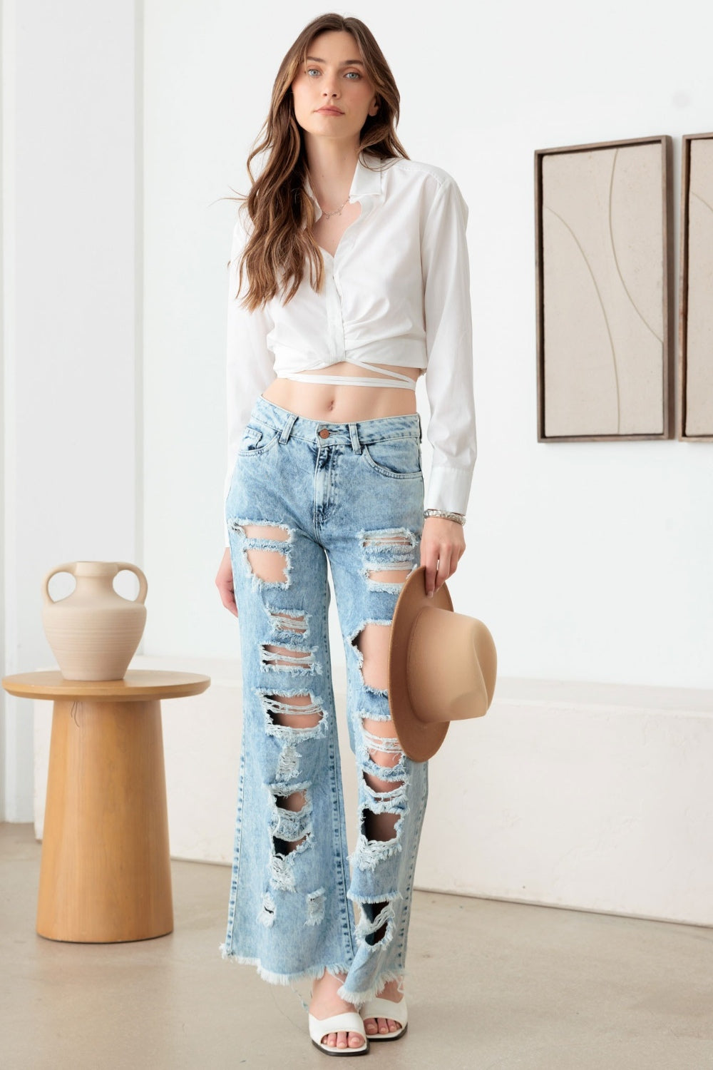 Litz La Distressed Frayed Hem Flare Jeans - Tigbul's Variety Fashion Shop