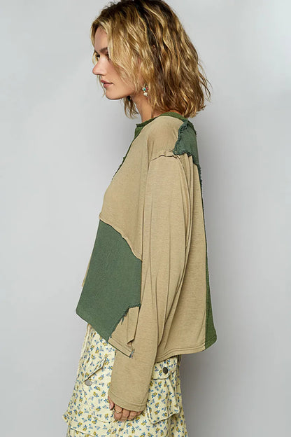 POL Color Block Notched Long Sleeve T-Shirt - Tigbul's Variety Fashion Shop