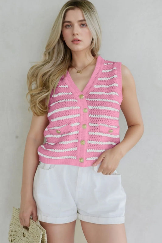 Striped Button-Up Knit Sweater Vest - Tigbul's Variety Fashion Shop