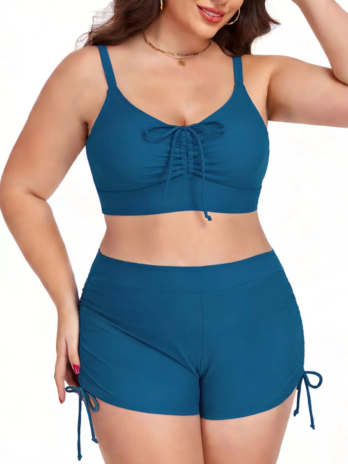 Ruched drawstring swim set, peacock blue shorts with side tie