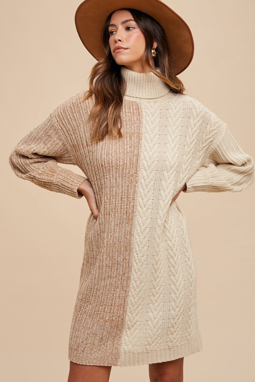 Taupe Color Block Turtleneck Sweater Dress - Tigbul's Variety Fashion Shop