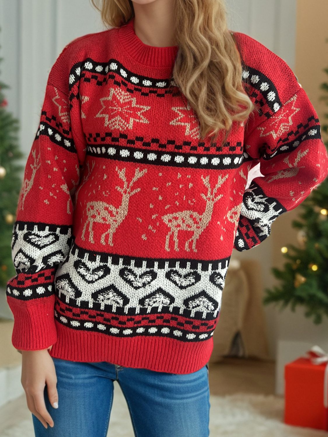 Christmas Element Round Neck Long Sleeve Sweater - Tigbul's Variety Fashion Shop