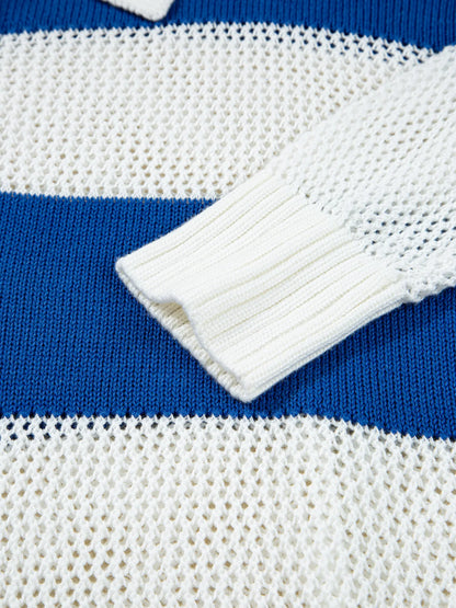 Stripe Colorblock Polo Collar Crochet Knitted Cover Up - Tigbul's Variety Fashion Shop