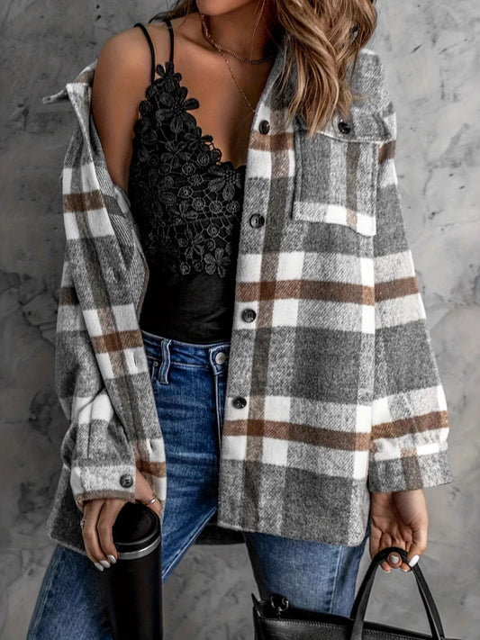 Oversized Plaid Flannel Shirt Jacket with Button Front - Tigbul's Variety Fashion Shop