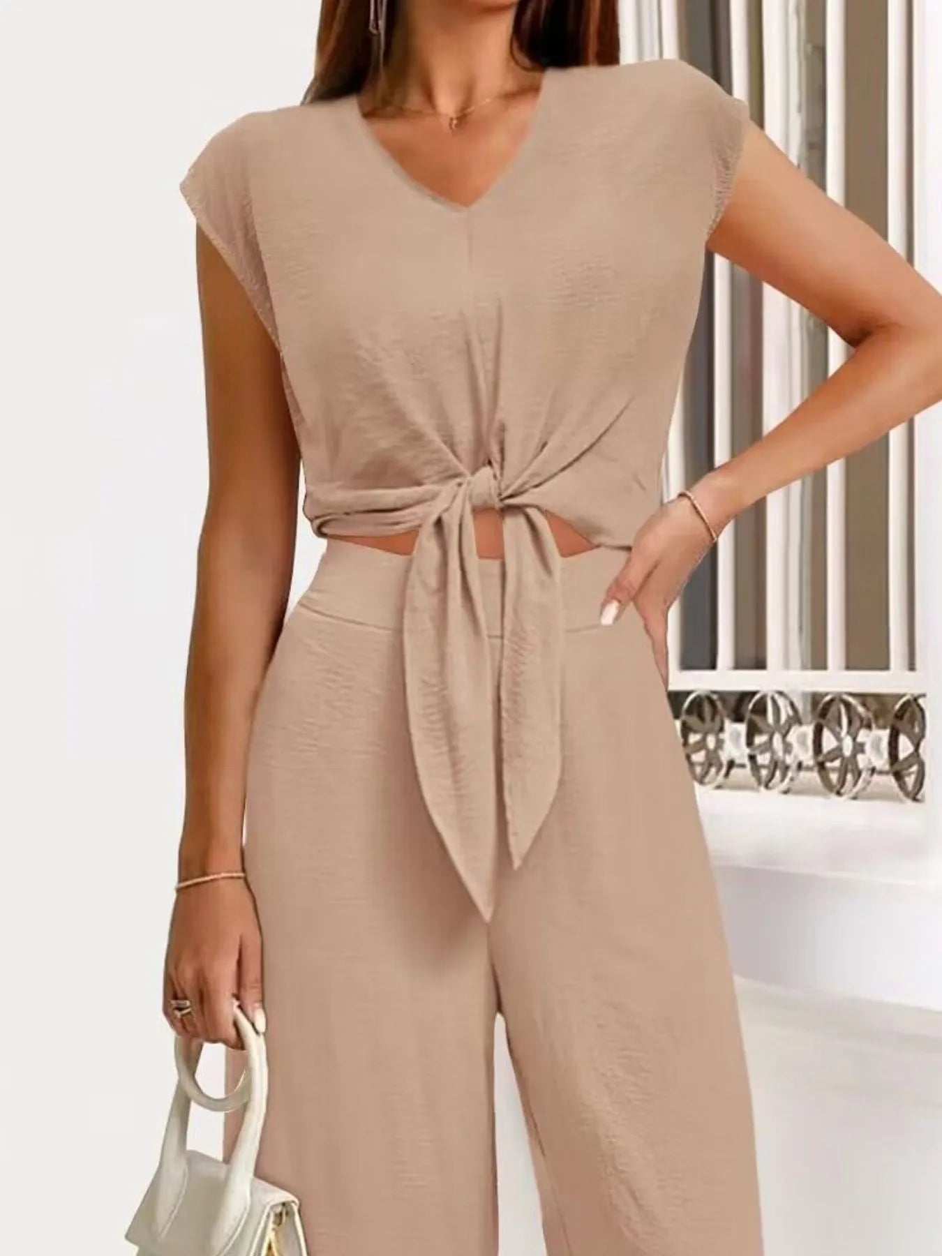 Tie Front Top and Wide Leg Pants Set - Tigbul's Variety Fashion Shop